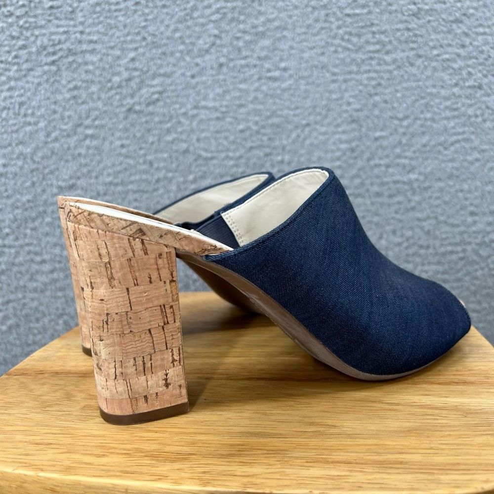Anne Klein Cork Heels Size 10M Slides Mules Open Peep Toe Spring Summer Denim - Picture 7 of 10